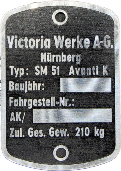 Victoria Werke AG Victoria Avanti K Typenschild NOS